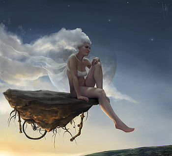 FLOATING, full moon, white veil, clouds, woman, burried bicycle HD wallpaper