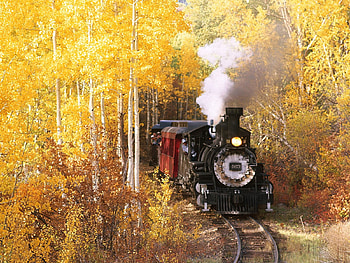 Cumbres and Toltec Railroad New Mexico, white, shadow, engine, train, leaves, birch, yellow, smoke, trees, autumn, tracks HD wallpaper