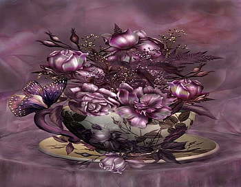 ROSES &TEA, roses, butterfly, flowers, tea cup, mauve HD wallpaper