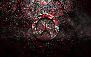 Overwatch logo, grunge art, Overwatch stone logo, red stone texture, Overwatch, grunge stone texture, Overwatch emblem, Overwatch 3d logo HD wallpaper