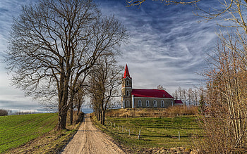Path to Church, trees, Latvia, church, path, fields HD wallpaper