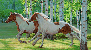 Horses in the mist, dom, art, bunch, run, beautiful, grass, wild, mist, horses, birch, painting, animals, trees, lovely, forest HD wallpaper