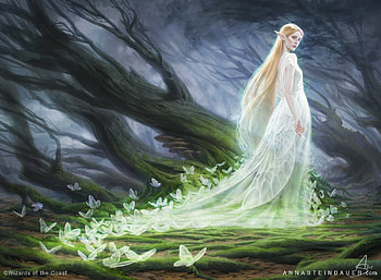 Galadriel, white, anna steinbauer, girl, elf, butterlfy, fantasy, green, luminos, princess, forest HD wallpaper