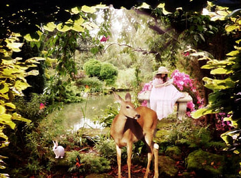 Romance is the Key to Feeling, bench, girl, lake, bunny, book, deer, trees, flowers, pond HD wallpaper