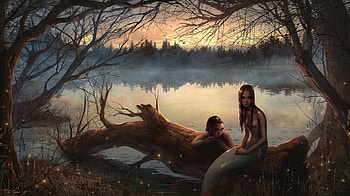 Mermaids, mermaid, art, girl, dark, lake, pind, svetlana tigai, fantasy, sunset, siren HD wallpaper