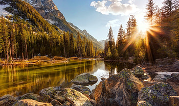 Sunset Over Mountain's First Snow, river, Grand Teton National Park, sunbeams, beautiful, rocks, snow, clouds, nature, mountains, forest, sunset HD wallpaper