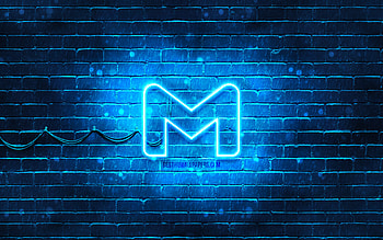 Gmail blue logo, , blue brickwall, Gmail logo, postal services, Gmail neon logo, Gmail HD wallpaper