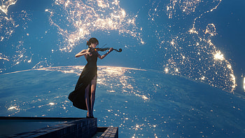 Cosmic Violinist — Woman on the Planet's Edge ( ), Planetscape HD wallpaper