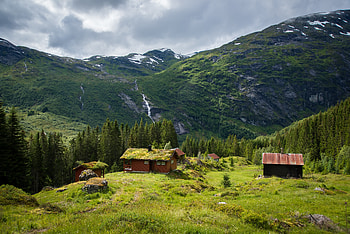 Nature, Houses, Trees, Grass, Mountains HD wallpaper