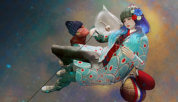 Fantasy girl, blue, rendering, fantasy, red, game, girl, woman HD wallpaper