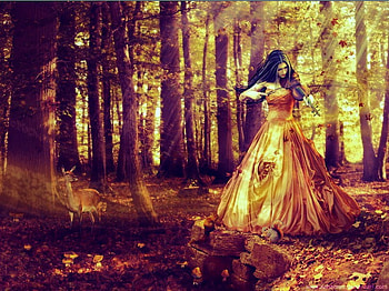 Autumn song, music, leaves, color, fawn, trees, gold dress, autumn, woman playing violin HD wallpaper