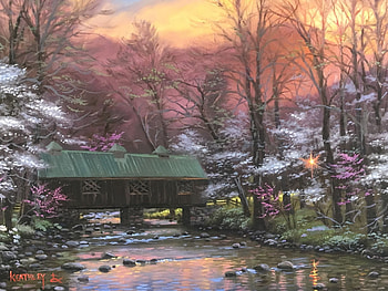 Evening Glow (Emerts Cove) - Mark Keathley, artwork, river, covered, painting, bridge, trees, stones HD wallpaper