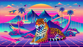 Vibrant Retro-Styled Jaguar, jaguar, retro, neon, landscape, palm tree HD wallpaper