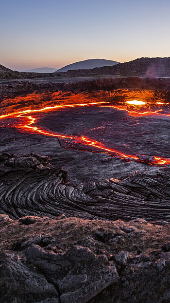 Lava lake, Erta Ale volcano, Danakil Depression, Volcanic landscapes HD phone wallpaper