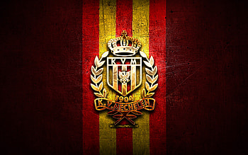 Mechelen FC, golden logo, Jupiler Pro League, red metal background, football, belgian football club, KV Mechelen logo, soccer, KV Mechelen HD wallpaper