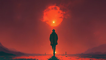 Man Walking Alone Red Horizon, man, walking, alone, red, horizon, artist, artwork, art, digital-art, ai HD wallpaper