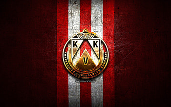 Kortrijk FC, golden logo, Jupiler Pro League, red metal background, football, belgian football club, KV Kortrijk logo, soccer, KV Kortrijk HD wallpaper