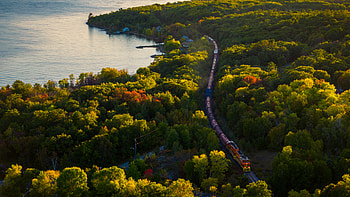 Ultra - Lakeside Forest Train on Winding Railroad, railroad, train, landscape view, forest HD wallpaper