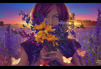 Sunset, nikulina helena, girl, hand, purple, pink, butterfly, fantasy, flower, yellow HD wallpaper