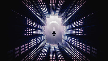 Jet, fighter plane, buildings, facade, silhouette HD wallpaper