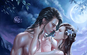 Eternal love, night, blue, coule, man, girl, lovers, crystalrain, fantasy, moon, crystal rain, luna, luminos HD wallpaper