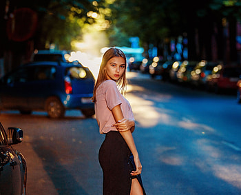 Beautiful, woman, street, brunette HD wallpaper