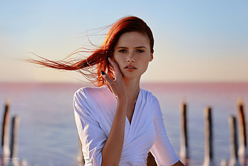 Redhead Model White Dress Looking At Viewer, redhead, girls, model, white-dress HD wallpaper