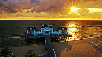 Pier with Restaurant at the Baltic Sea, colors, germany, clouds, sky, sunset, beach HD wallpaper