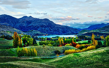 Otago Region, New Zealand, South island, landscape, trees, clouds, sky, mountain, lake HD wallpaper