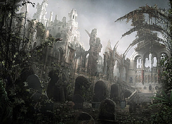 Desolation, abstract, fantasy, ruins, grave stones, overgrown HD wallpaper