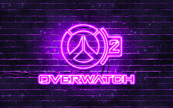 Overwatch 2 violet logo, , violet brickwall, Overwatch 2 logo, games brands, Overwatch 2 neon logo, Overwatch 2 HD wallpaper