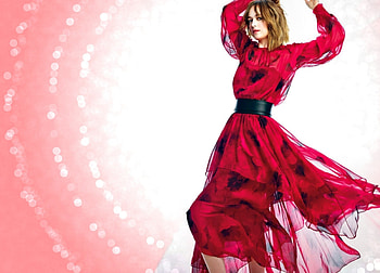 Dakota Johnson, bokeh, white, by cehenot, dance, girl, actress, dress, woman, red HD wallpaper