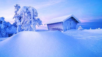 Winter at the arctic circle, finland, snow, hut, trees, clouds, landscape, sky HD wallpaper
