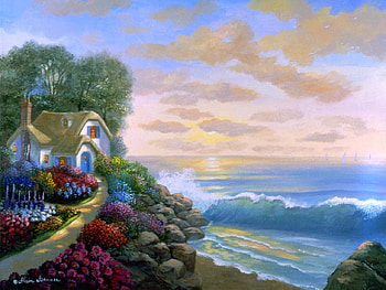 the waves of home, sea, path, house, beach, rock, waves, clouds, trees, flowers, sky HD wallpaper
