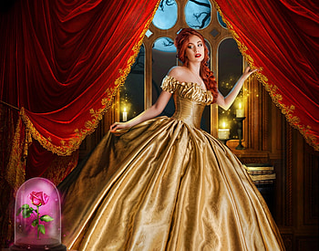 Belle, girl, beauty and the beast, rose, fantasy, red, yellow, luminos, andreea cernestean, princess HD wallpaper