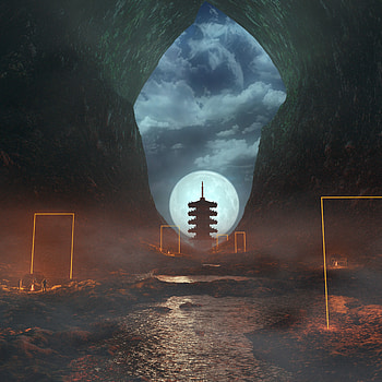 Art, Night, Moon, Fog, Pagoda, Cave HD phone wallpaper