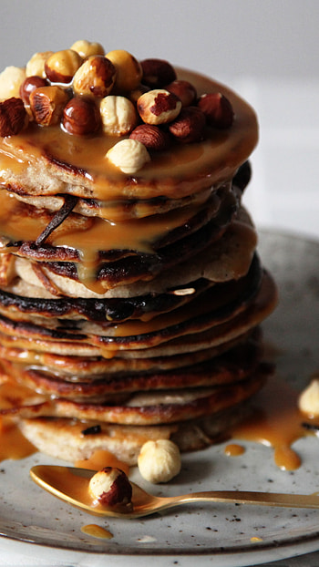 Buckwheat pancakes, Milk and syrup, Hazelnut topping, Delicious breakfast HD phone wallpaper