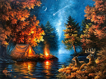 Wishing upon a star, stars, sky, fire, lake reflection, countryside, river, art, fall, painting, camp, autumn, deers HD wallpaper