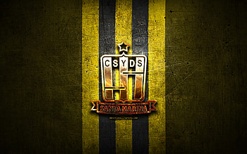 Santamarina FC, golden logo, Primera Nacional, yellow metal background, football, argentinian football club, Santamarina logo, soccer, Argentina, CD Santamarina de Tandil HD wallpaper