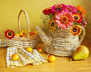 Still life, autumn, flowers, pears HD wallpaper