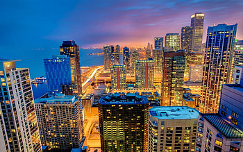 downtown chicago lit up r, skyscrapers, city, lights, r, dusk, lake HD wallpaper