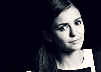 Nina Dobrev, white, black, bw, girl, actress, woman HD wallpaper