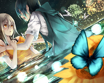 Sweet Love, tears, blue hair, anime, butterfly, crying, saving, cool, water, male HD wallpaper