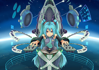 Hatsune Miku, blue, awesome, cute, stars, vocaloid, bass, beauty, nice, miku, earth, planet, vocaloids, hatsune, shooting stars, white, blue eyes, twintail, blue hair, beautiful, book, anime, pretty, cool, space HD wallpaper