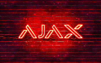 Ajax Systems red logo, , red brickwall, Ajax Systems logo, brands, red abstract backgrounds, Ajax Systems neon logo, Ajax Systems HD wallpaper
