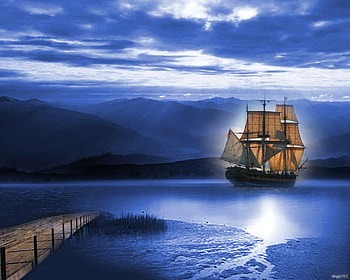 Night anchor, night, blue, shore, sailing ship, clouds, ocean HD wallpaper