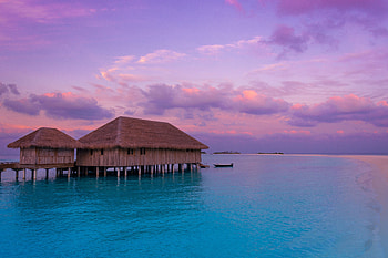 Nature, Sunset, Clouds, Ocean, Tropics, Bungalow HD wallpaper