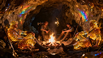 Gilded Guardians — Fantasy Cave Campfire, Fantasy, Cave, Campfire, Treasure, Statue HD wallpaper