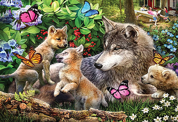 Is It Nap Time Yet, butterfly, wolves, pups, artwork, painting, flowers HD wallpaper