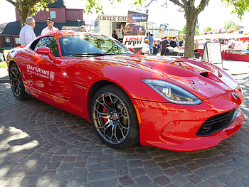 Red Car, car, red, trees, market, spring, people HD wallpaper